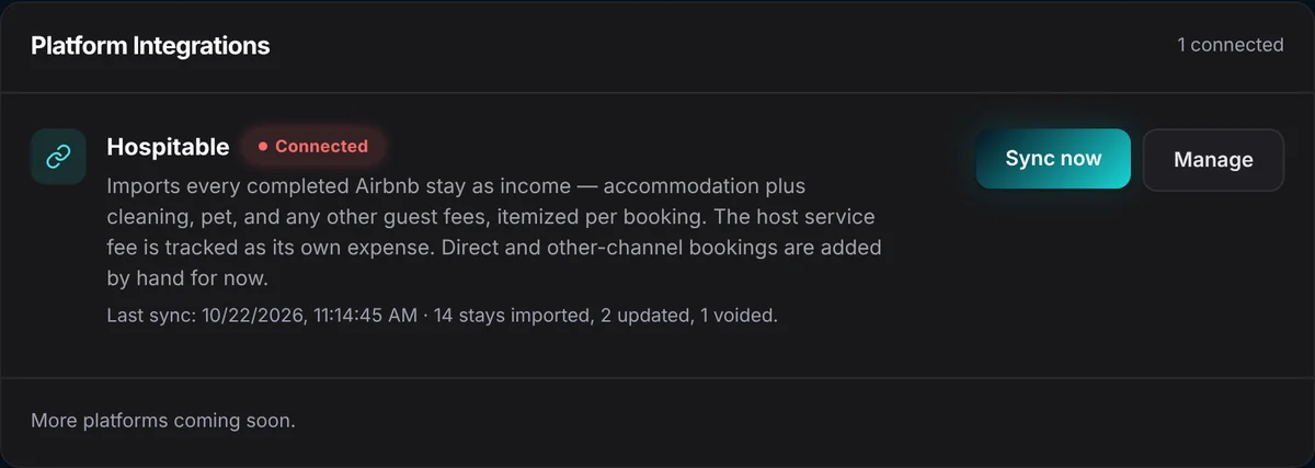 Connected Hospitable card showing last sync time and counts of stays imported, updated and voided