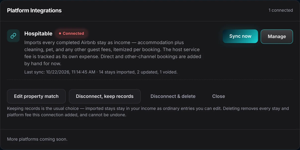 Manage options: Edit property match, Disconnect and keep records, Disconnect and delete, Close