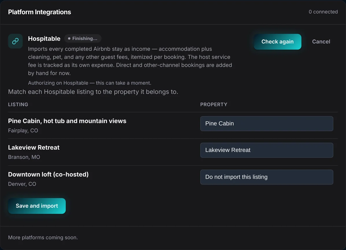 DeductFlow listing match table with Hospitable listings on the left and DeductFlow properties on the right