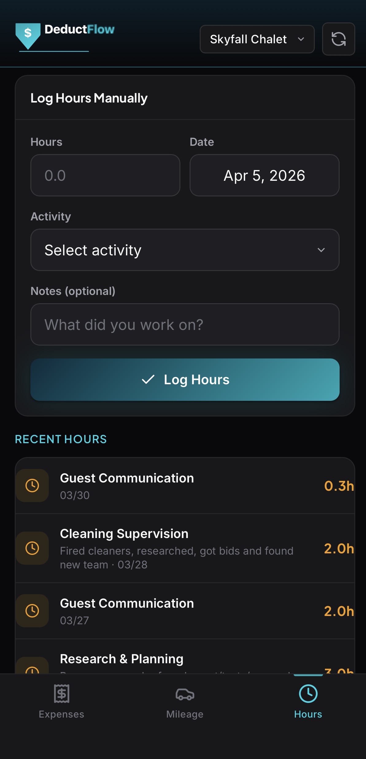 DeductFlow mobile log hours manually form with date, duration, activity type fields and recent hours list