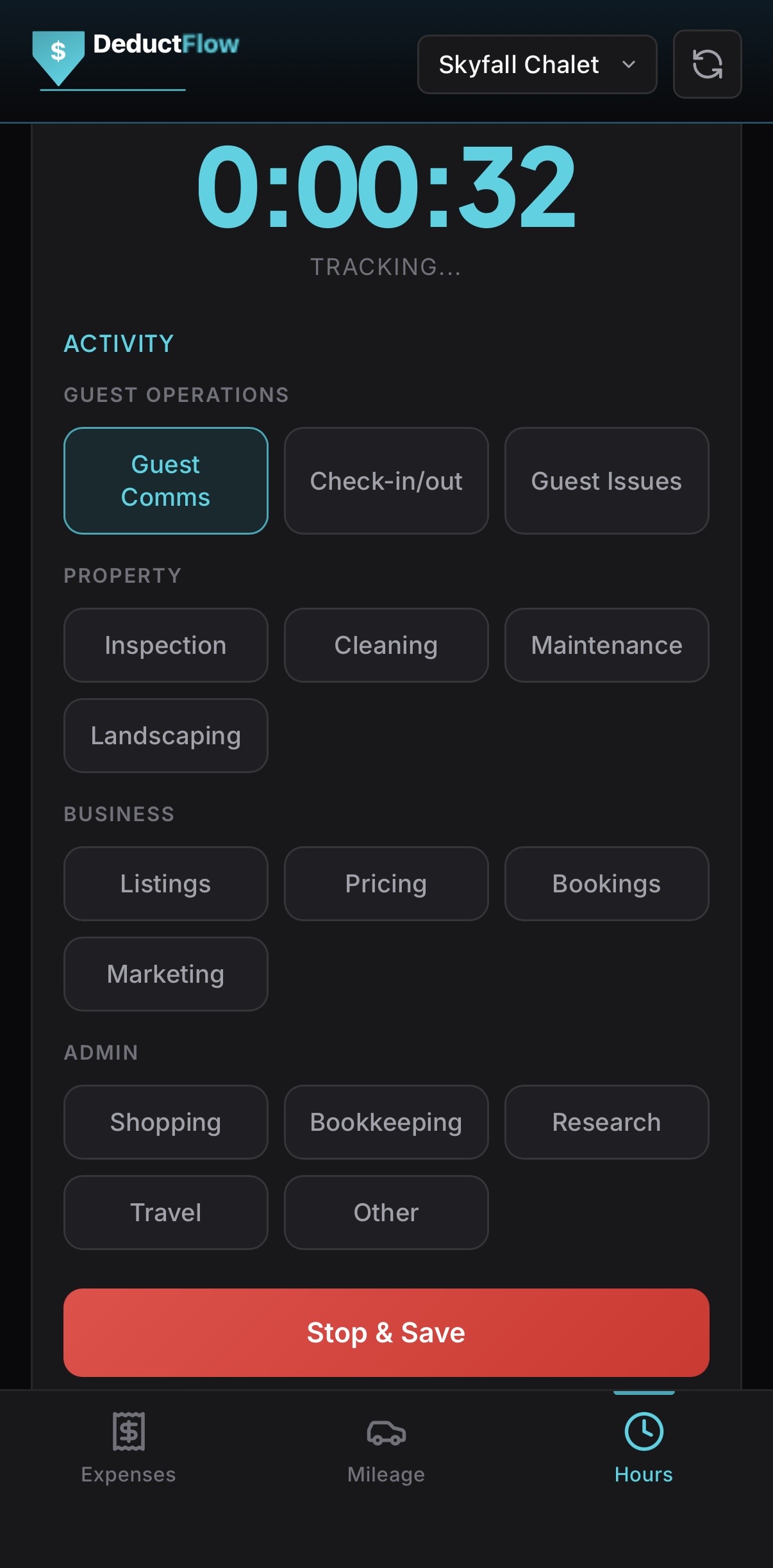 DeductFlow mobile hours timer showing live timer and activity categories including cleaning, maintenance, guest communication, and more