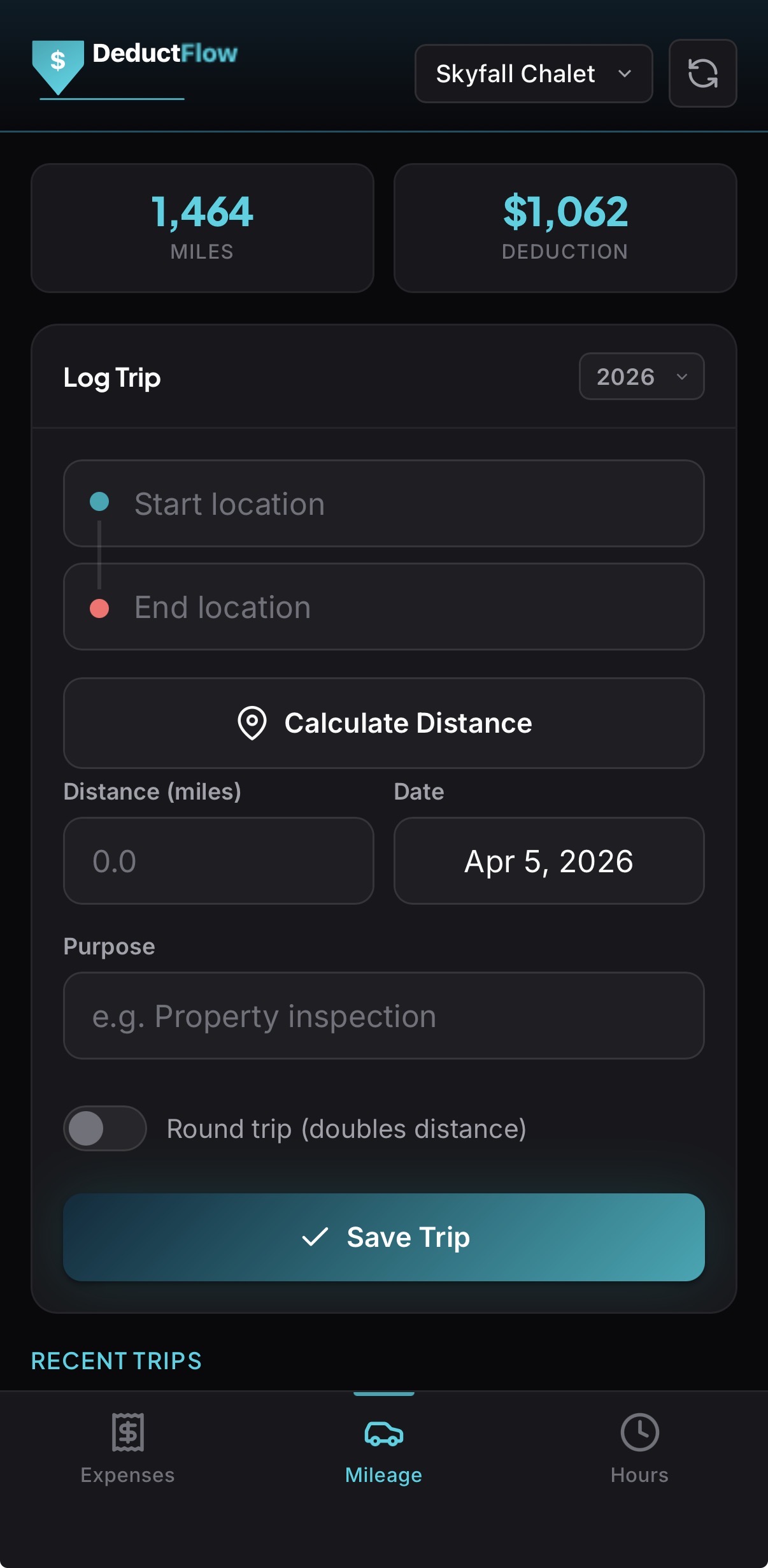 DeductFlow mobile mileage tracker with distance calculator