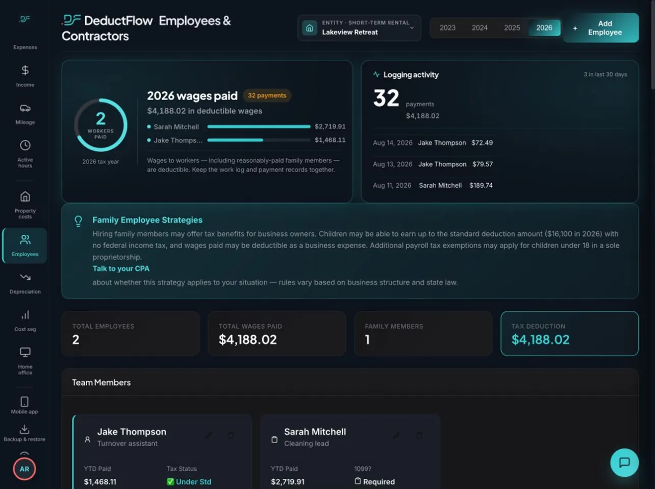 Actual DeductFlow demo Employees and Contractors page showing team members and payment records