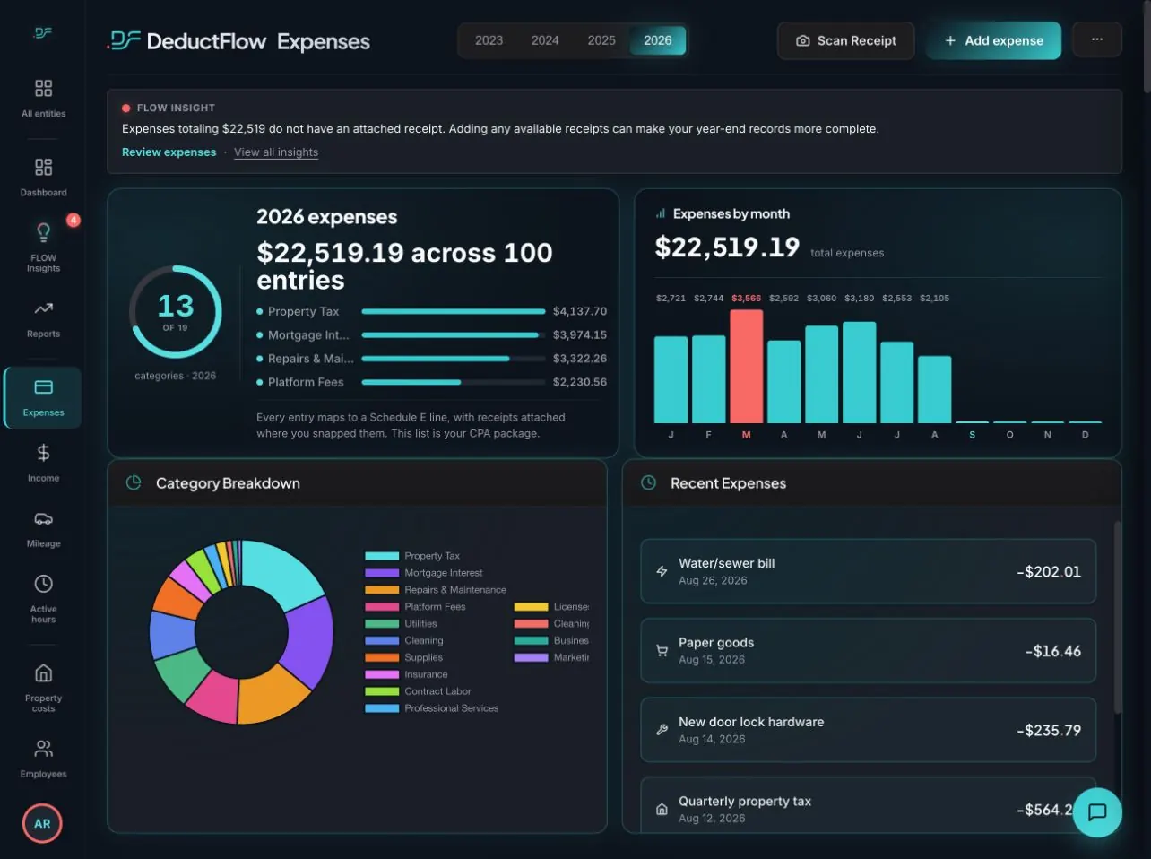 DeductFlow expenses page with full navigation and fictional rental records