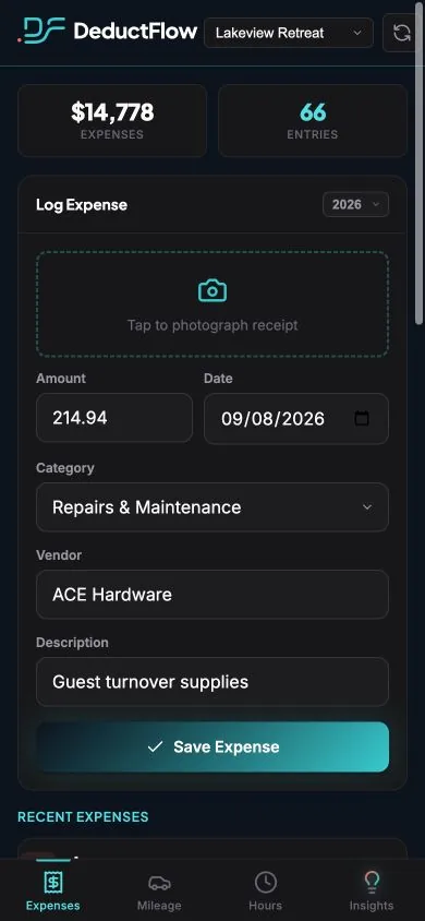 DeductFlow Mobile Companion expenses screen with fictional records