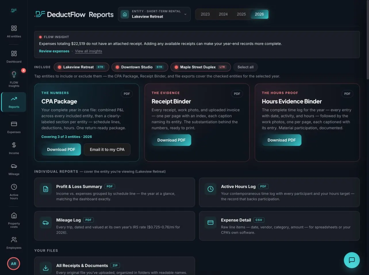 Paid Pro report and export options in DeductFlow, fictional demo account