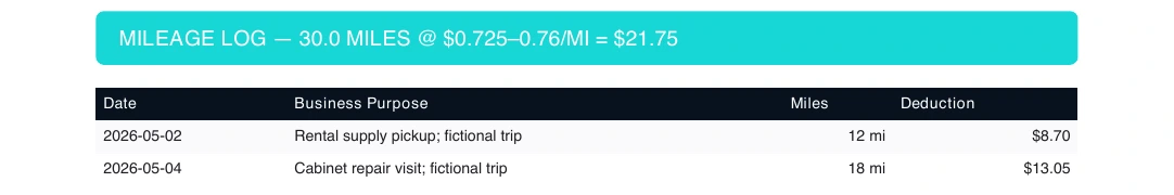 Two fictional May trips: supply pickup, 12 miles; cabinet repair visit, 18 miles.